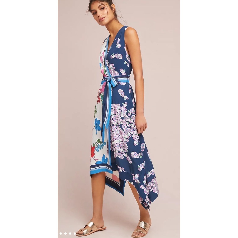 Maeve Anthropologie Botanica Dress Navy Floral Faux Wrap Handkerchief Hem 4
